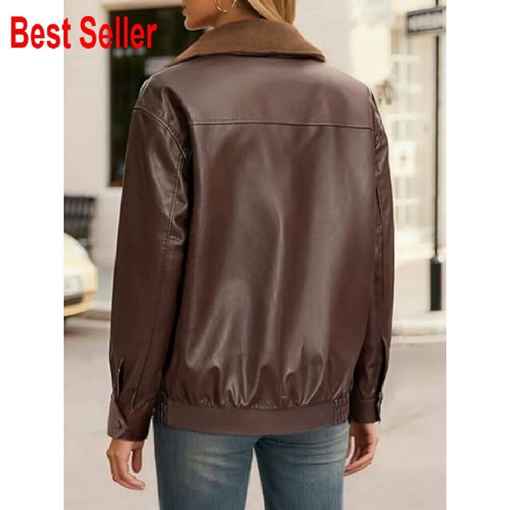 Faux Leather Motorcycle Jacket Oversized Retro Chic Fall Winter Bomber - Picture 5 of 8